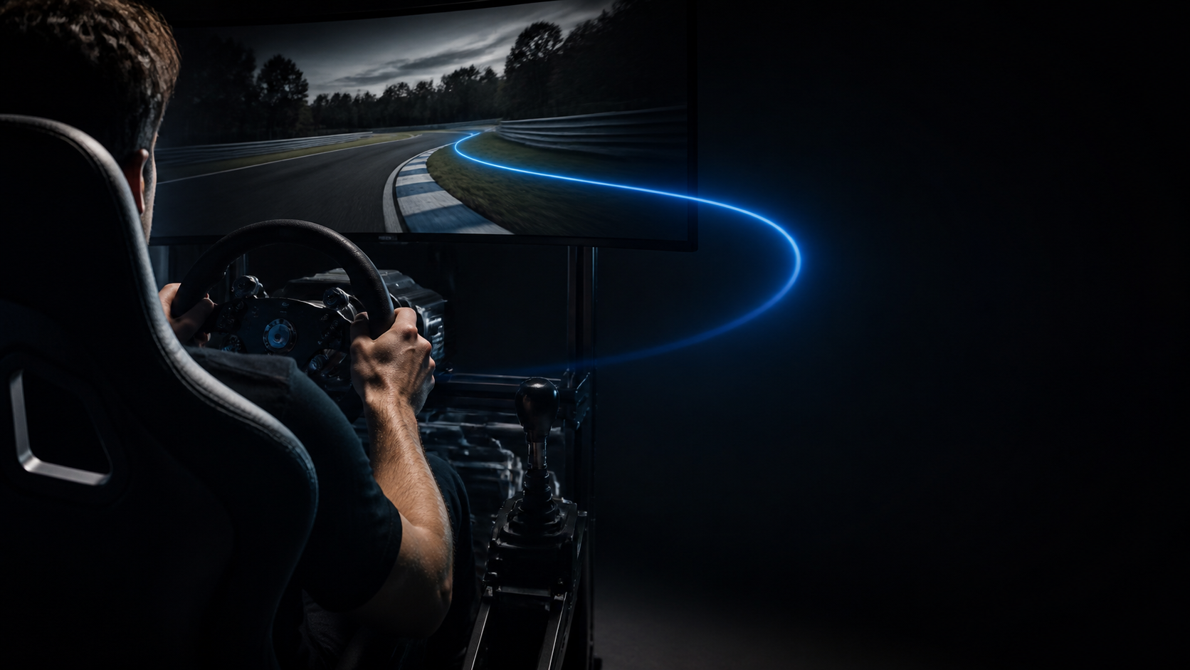 A sim racer following an electric-blue line toward the apex