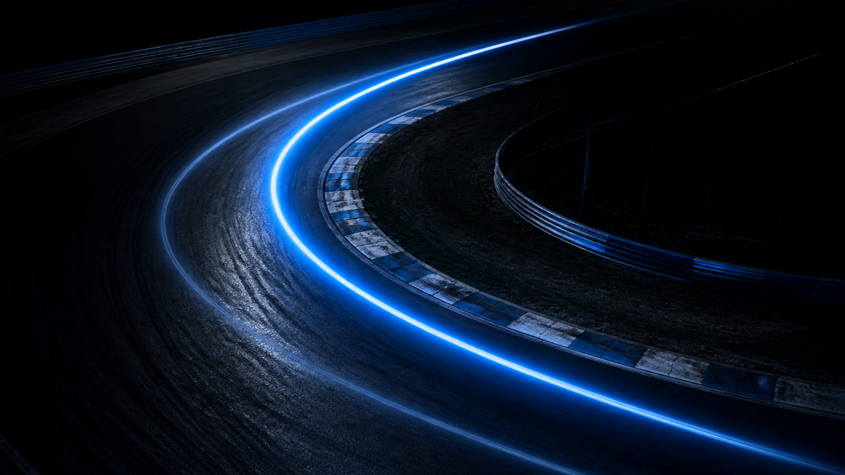 Two blue racing lines converging at a night circuit apex
