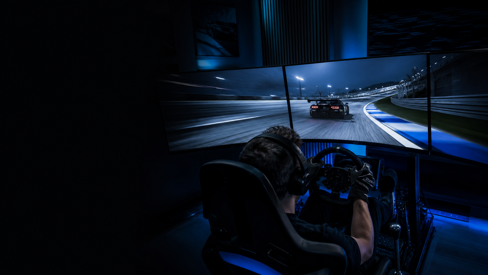 A focused sim racer chasing a personal-best lap at night