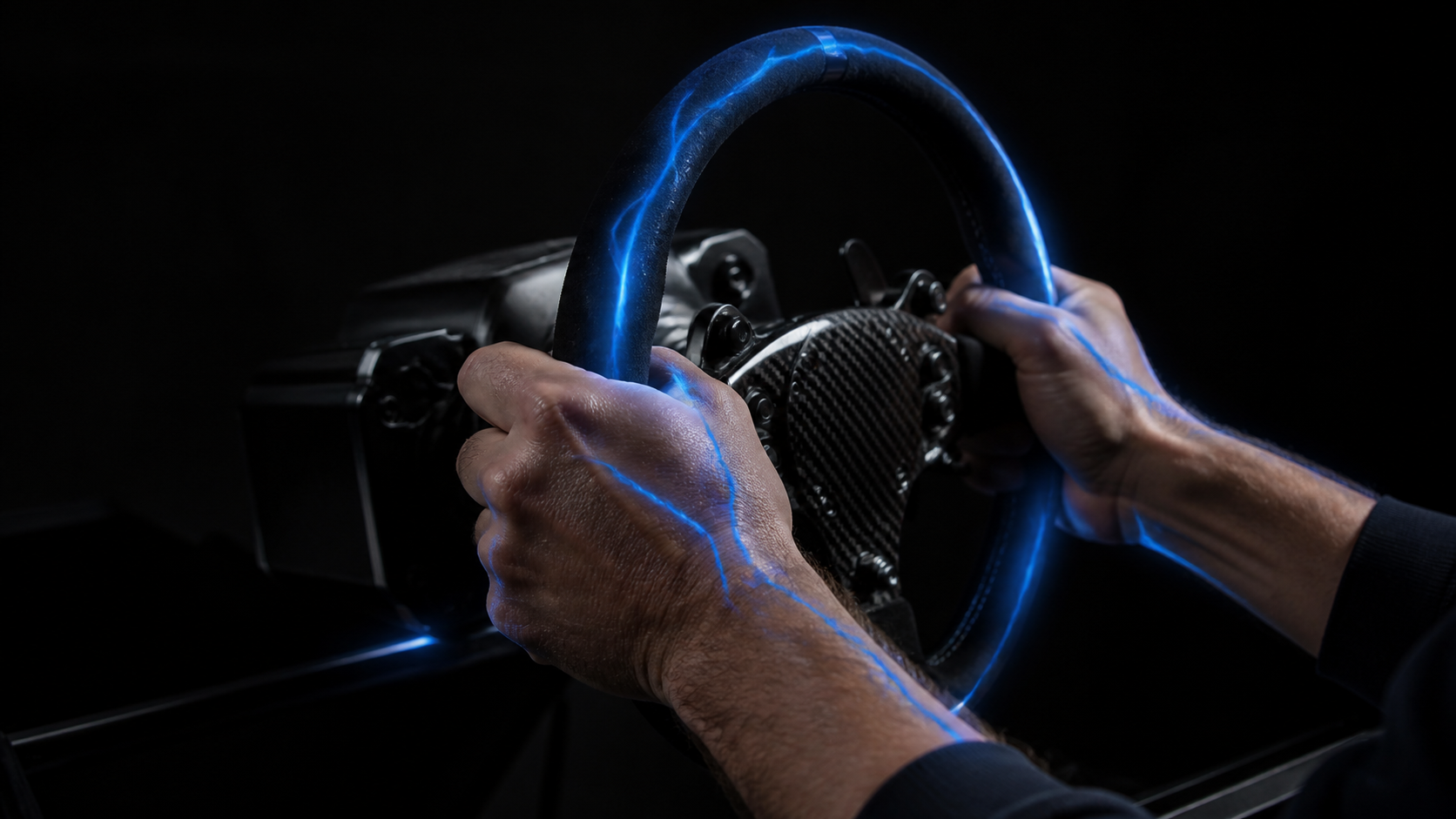 A driver's hands feeling an electric-blue pulse through a racing wheel