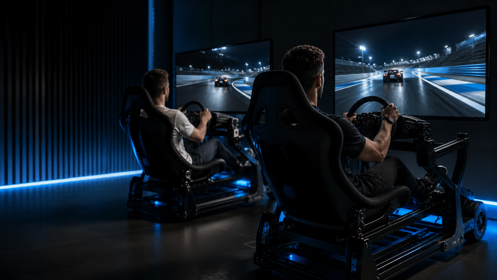 Two friends racing side by side in blue-lit home simulator rigs