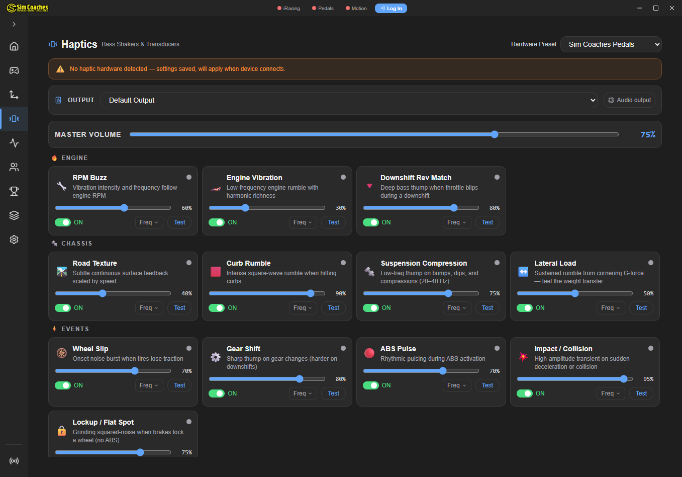 TrackPro Haptics Engine — 12 bass shaker effects configuration