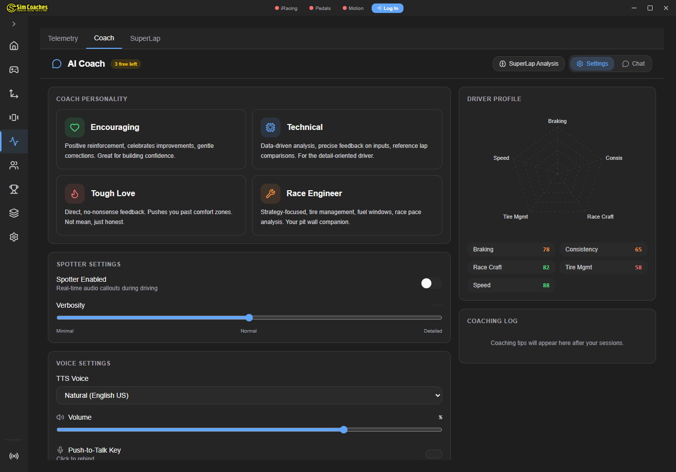 TrackPro AI Coaching — real-time voice coaching and lap analysis
