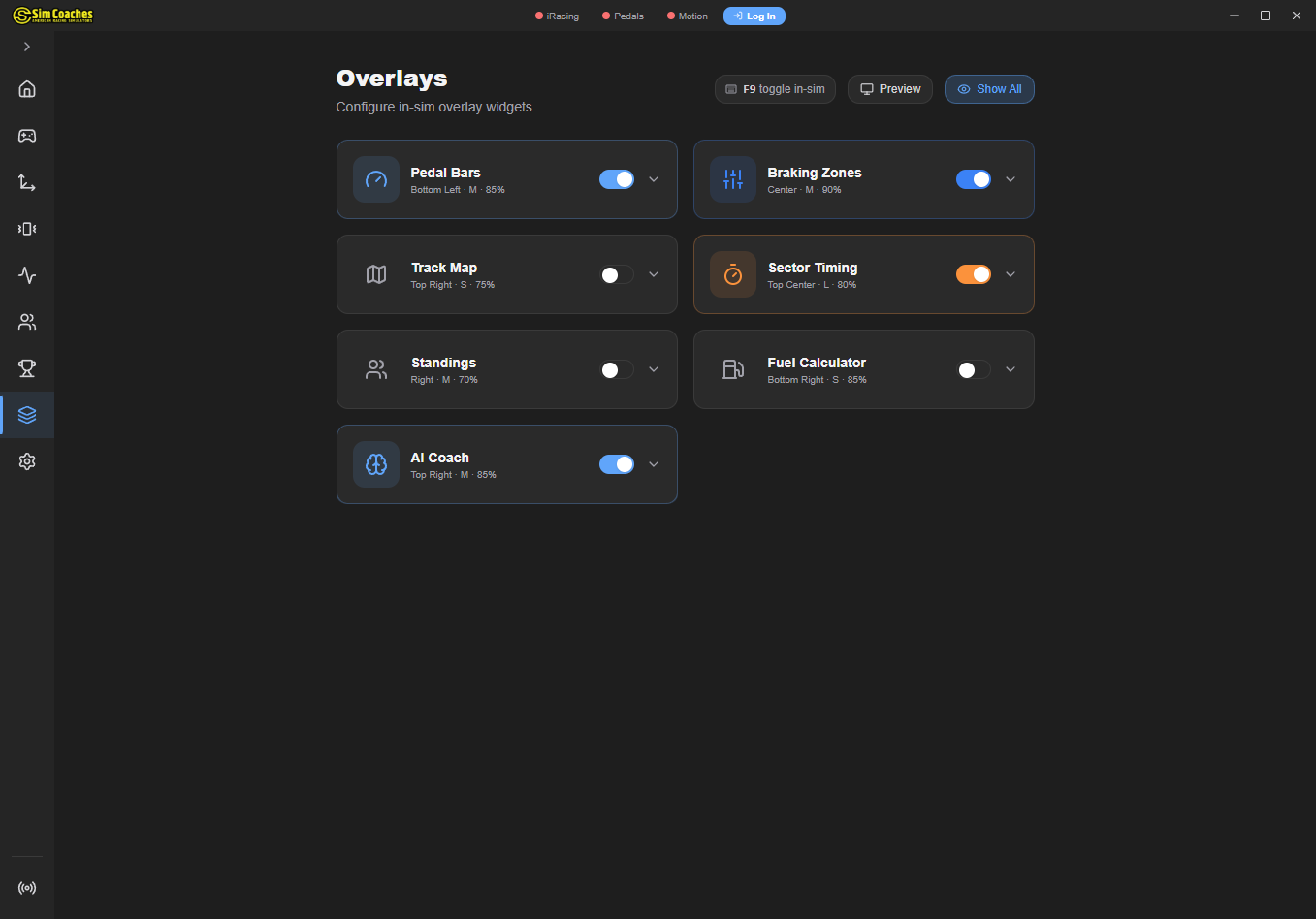 TrackPro in-game overlays — track map, pedal input, brake trainer